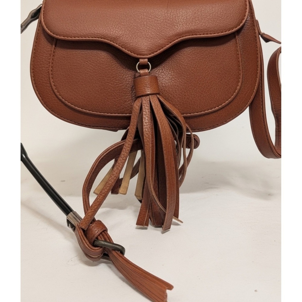 Aeropostale Womens Cognac Brown Vegan Leather Tassel Crossbody Saddle Bag Y2K